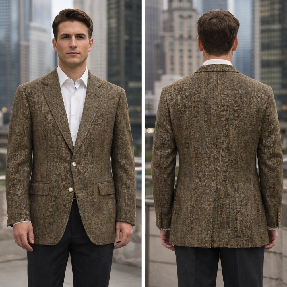 Jos Aβ Bank 100% Silk Blazer Brown Herringbone Sport Coat Mens 2 Button Jacket